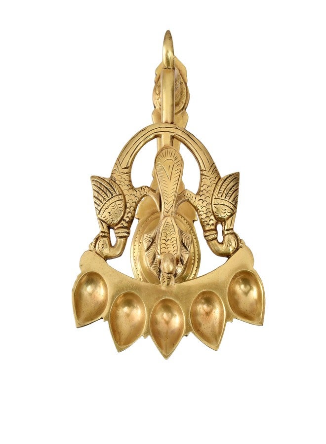 AARGKRAFT Panchmukhi Brass DiyaStand مع 5 فتائل Mayuresvara Panch Aarti Diya مع مقبض تصميم الطاووس مع 5 فتيل زيت نحاسي Aarti Hand Diya لـ Navratri وDiwali Pooja - Image 5